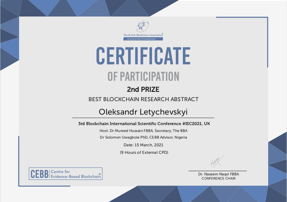 CERTIFICATE OF PARTICIPATION 2nd PRIZE BEST BLOCKCHAIN RESEARCH ABSTRACT